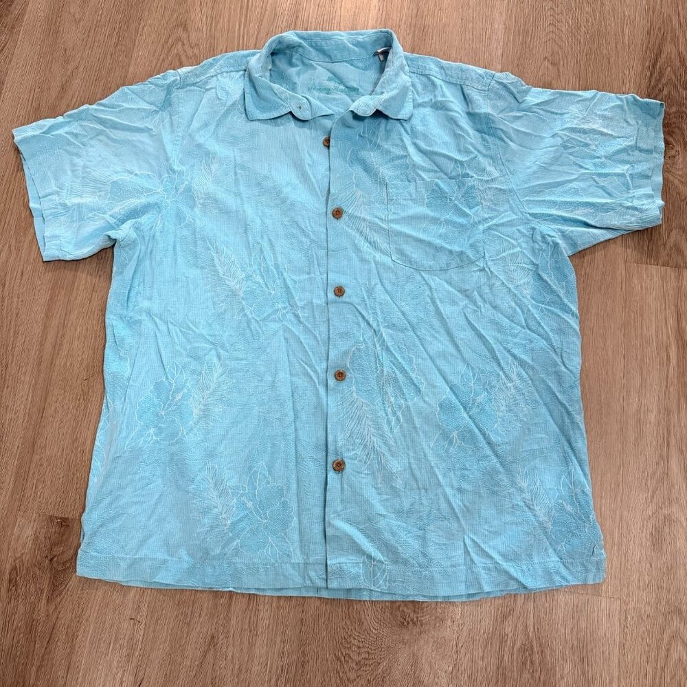 Tommy Bahama Silk Hawaiian Camp Shirt Blue Floral Loop Collar Men’s XL
